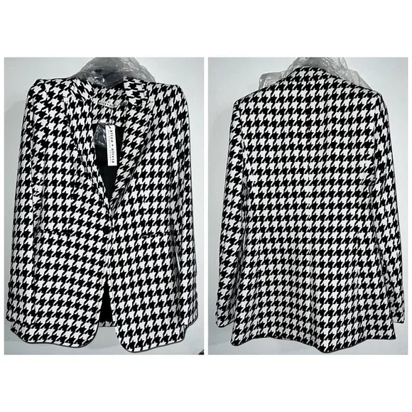 Alice + Olivia Breann Houndstooth Black White Fitted Blazer Jacket - Picture 9 of 17